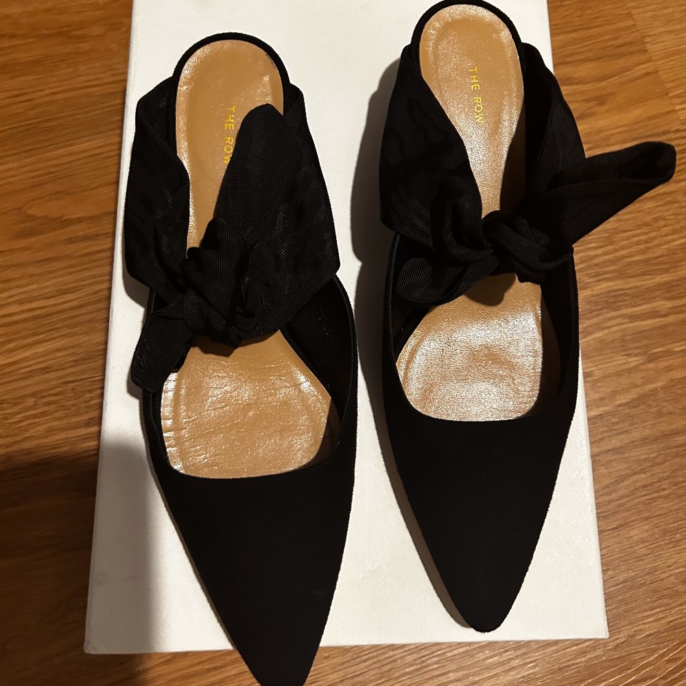 The Row CoCo Mule Black Suede-Moire Kitten Heels with Tie, Size 38.5